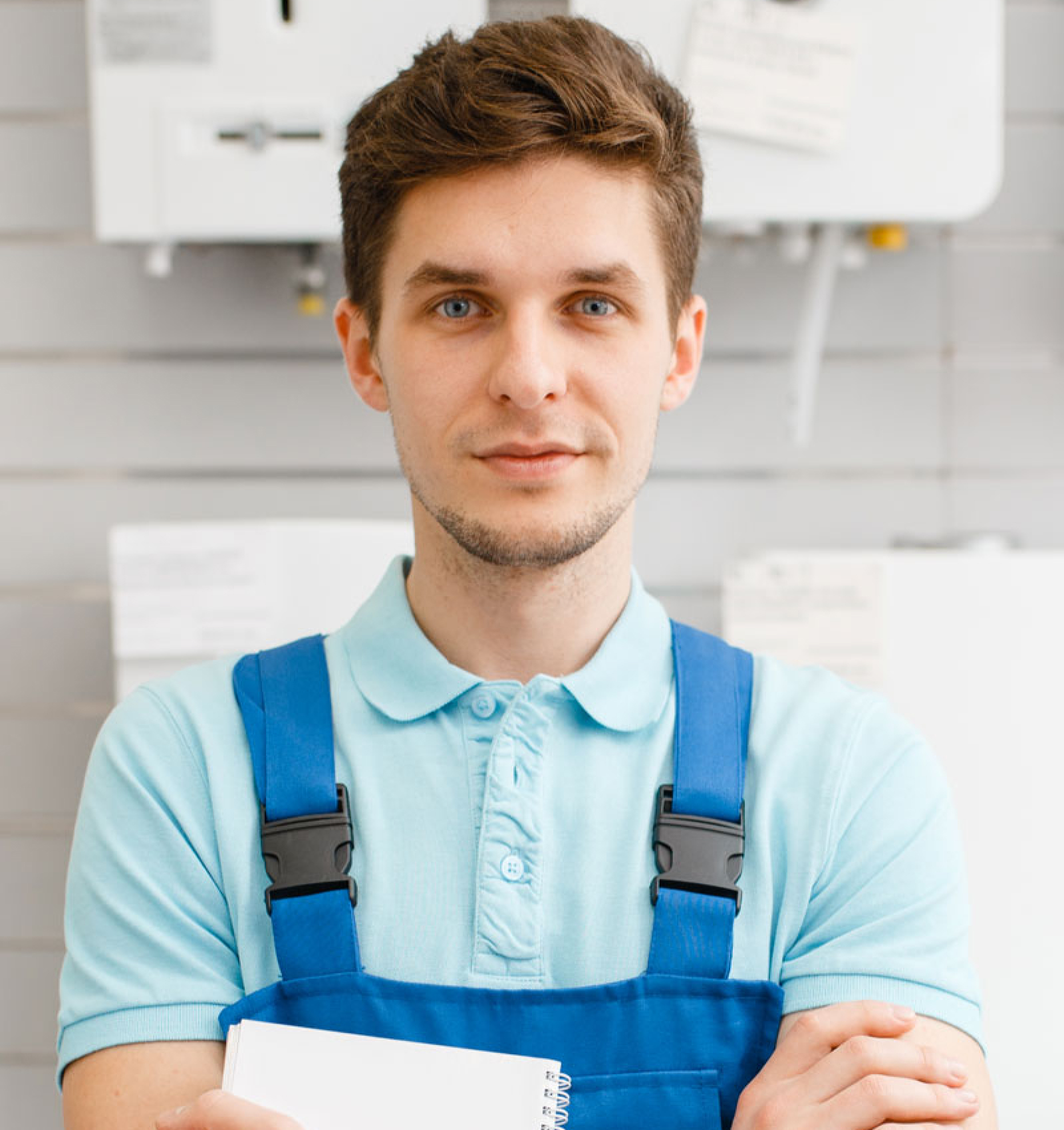 plumber at showcase with boilers plumbering store 1